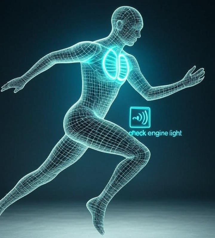 A glowing check engine light icon focused on a single point of an athlete's body.