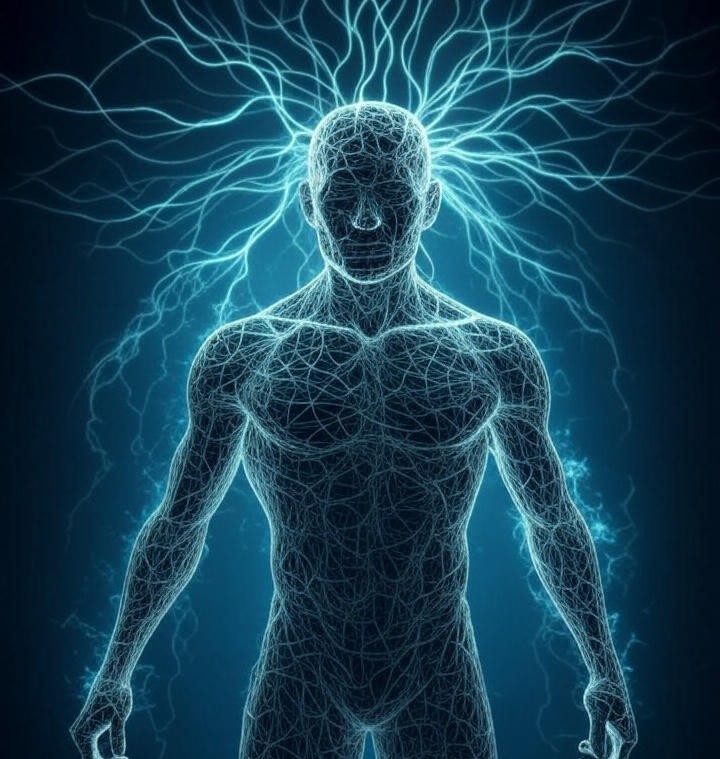 Conceptual art showing a wireframe athlete with glowing neural pathways branching from their head, representing the GOAT learning engine.