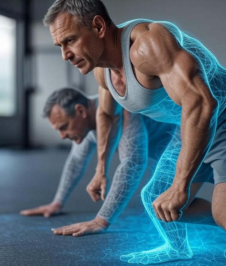 Illustration of the human motor system's connection to brain health and longevity.