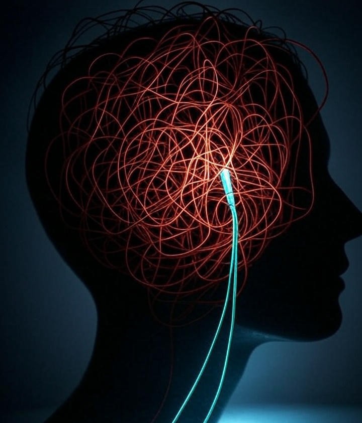 Conceptual art showing a chaotic tangle of wires being replaced by a single, efficient, glowing cyan cable.