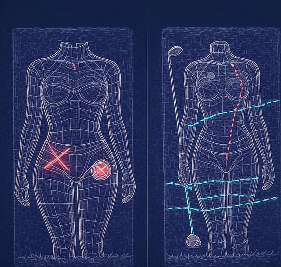 Conceptual diptych showing a functional body limitation (hip) and a technical swing flaw.