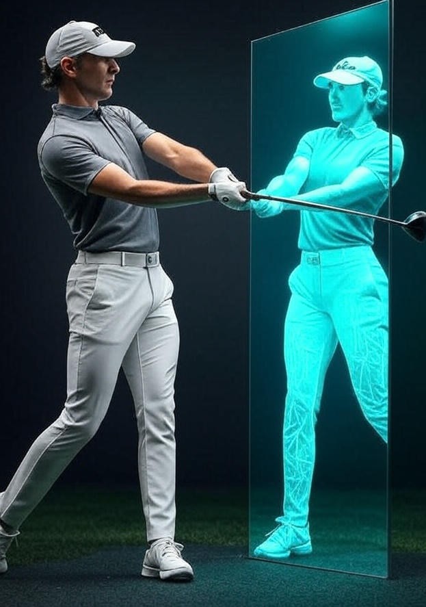 Athlete's reflection shown as a perfected wireframe, illustrating observational learning.