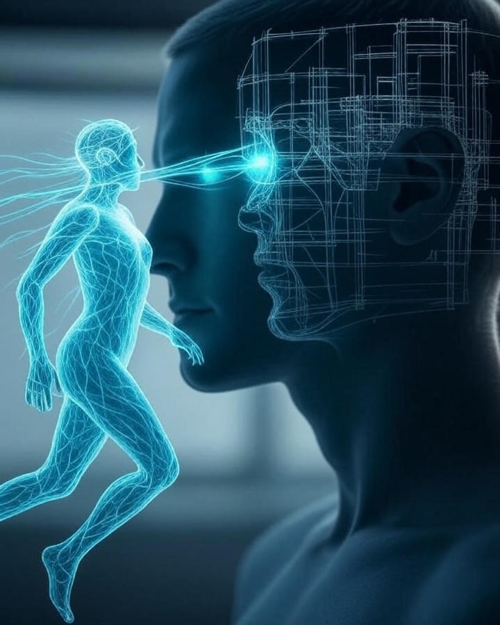The science of motor resonance, showing an athlete observing a movement which activates a glowing neural blueprint within a translucent brain.