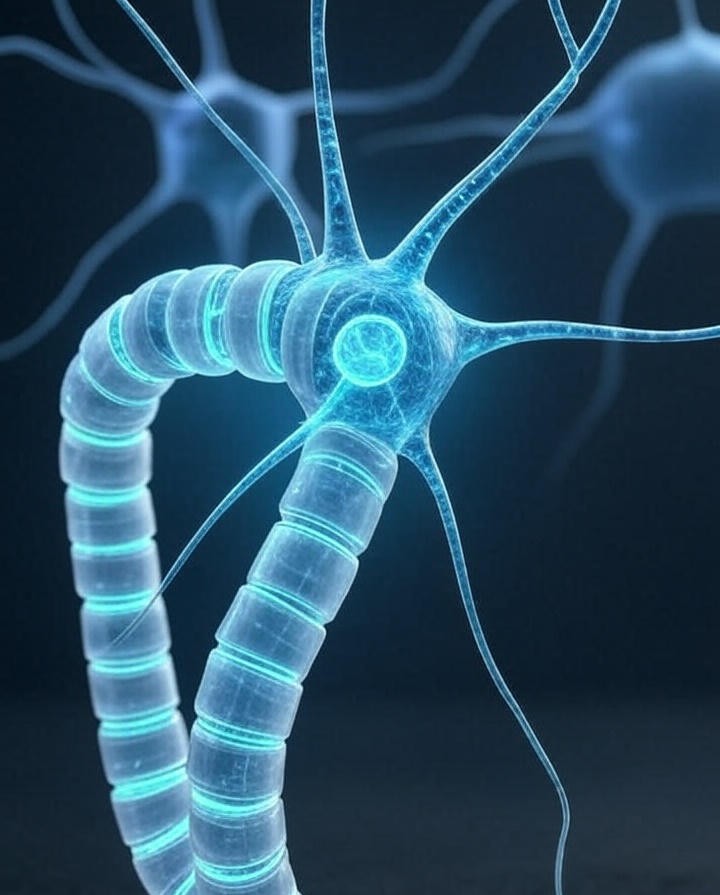 Neuron being wrapped in a myelin sheath.