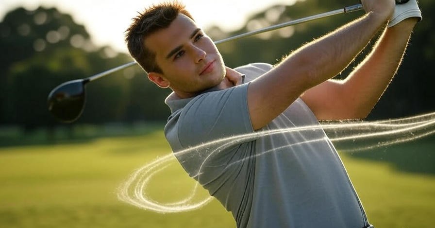 Cinematic photo of a golfer at the apex of a perfect swing, representing physical mastery.