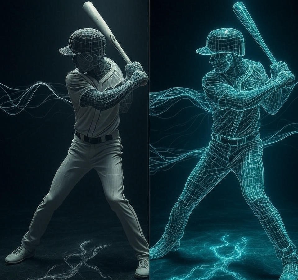 A split image showing a blurry, glitching wireframe athlete on one side and a sharp, clean wireframe on the other, symbolizing physical recalibration.