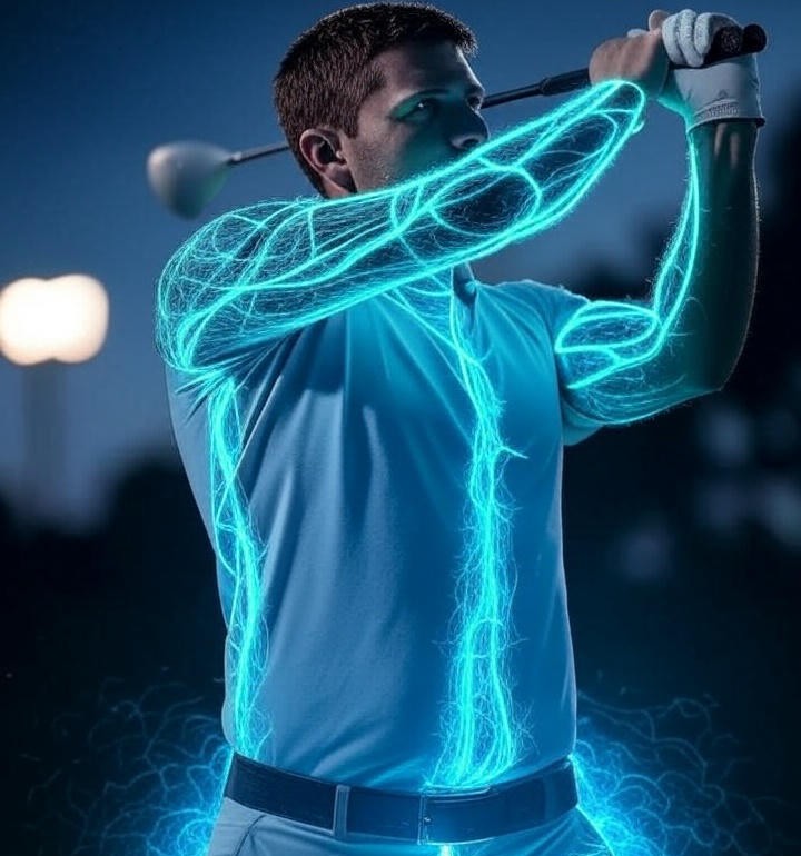 A futuristic image of an athlete mid-swing with a glowing, holographic GPS-like interface tracing the optimal movement path.