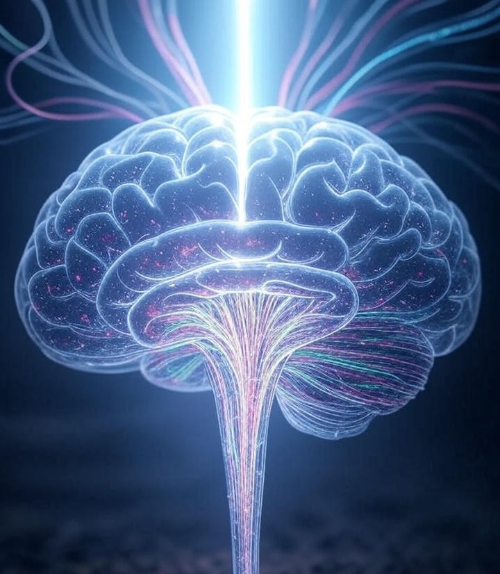 Conceptual art of the Reticular Activating System filtering noise into a clear signal.
