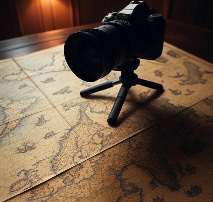 A camera pointed at an old map, symbolizing video analysis.
